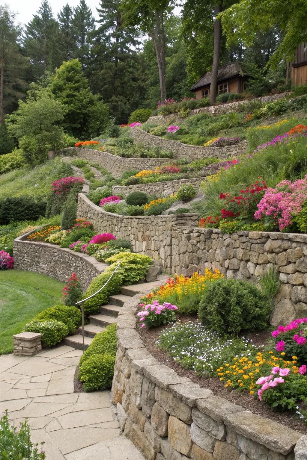 Layered gardens featuring rock walls design a tiered landscape filled with vibrant colors.