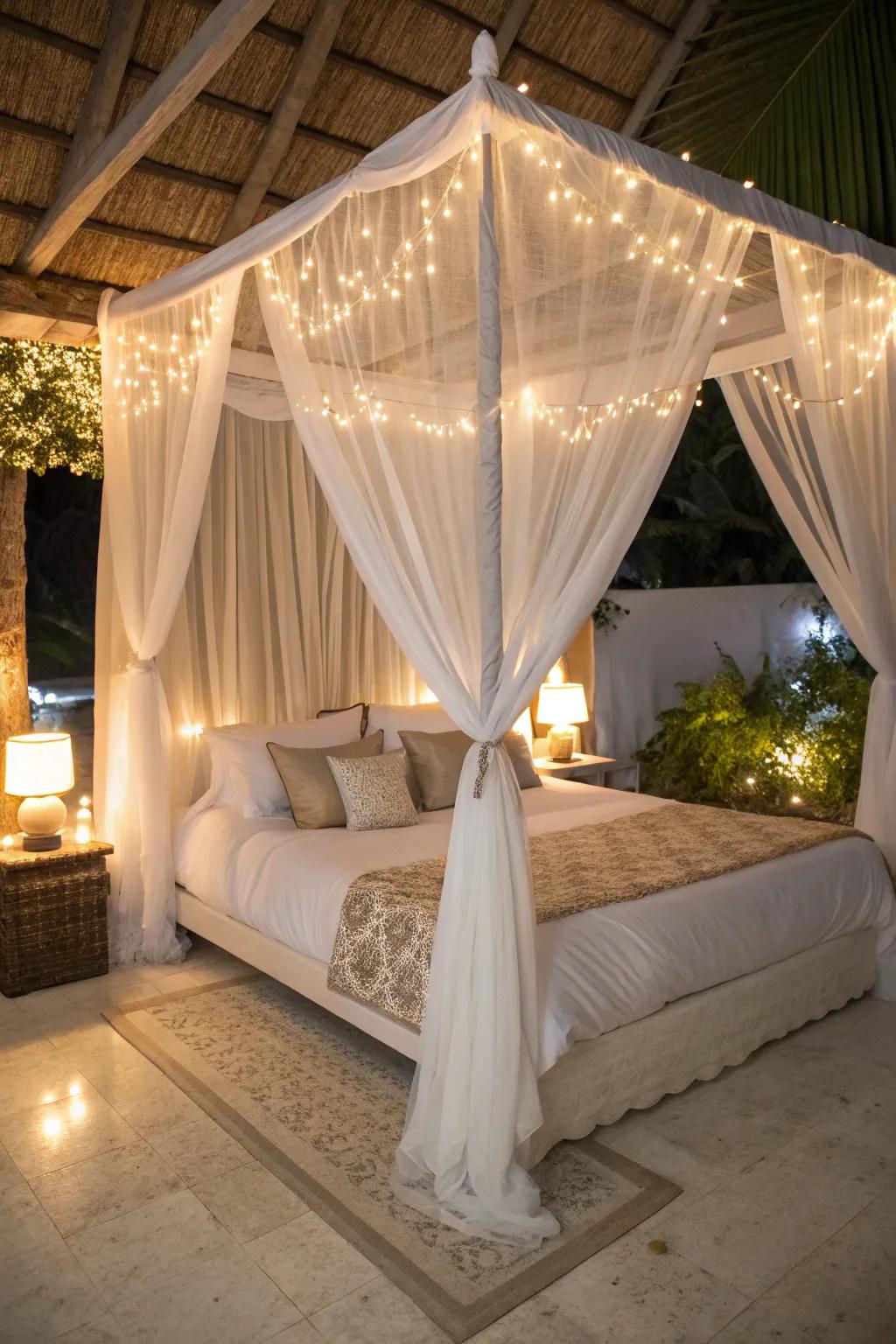 A crown bed with see-through textiles shows off style and romance.
