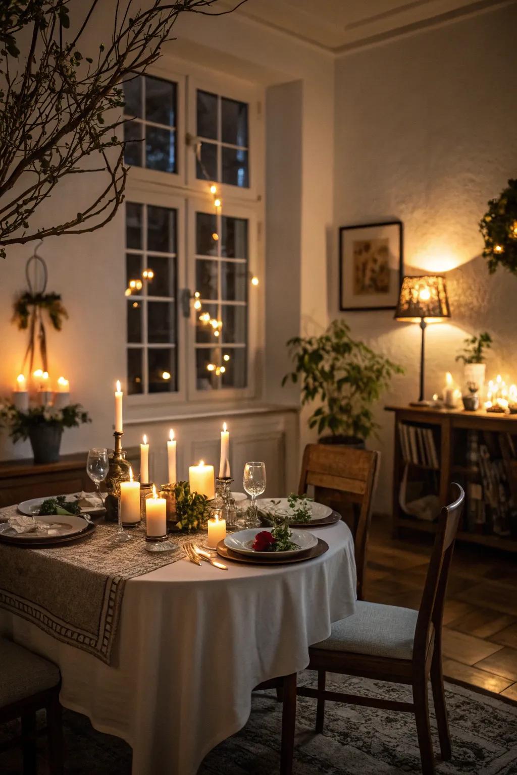 Transform the mood with a dining area illuminated by the soft, embracing glow of many candles.