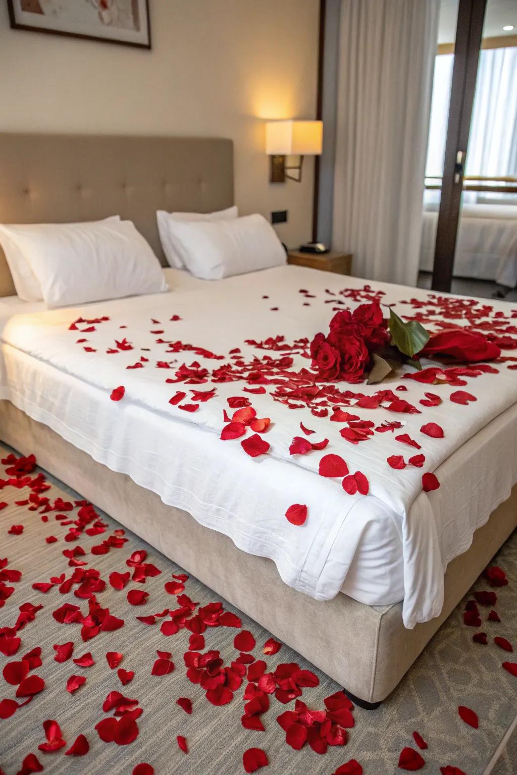 Red rose petals turn a simple bed into a romantic canvas.