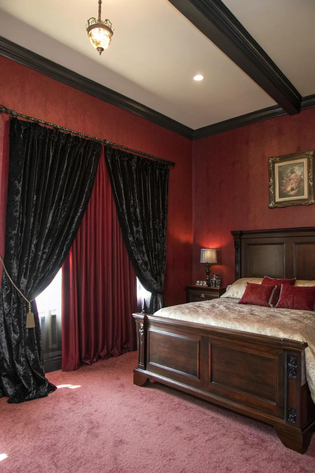 Crimson red walls and raven drapes craft a theatrical Victorian Gothic ambiance.