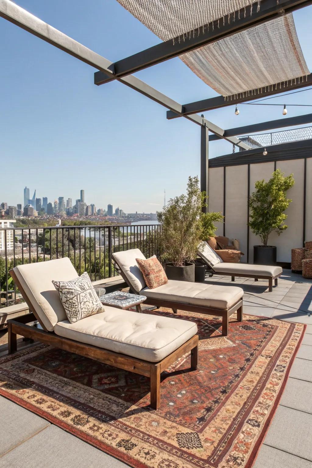 A serene rooftop retreat with comfortable lounging.