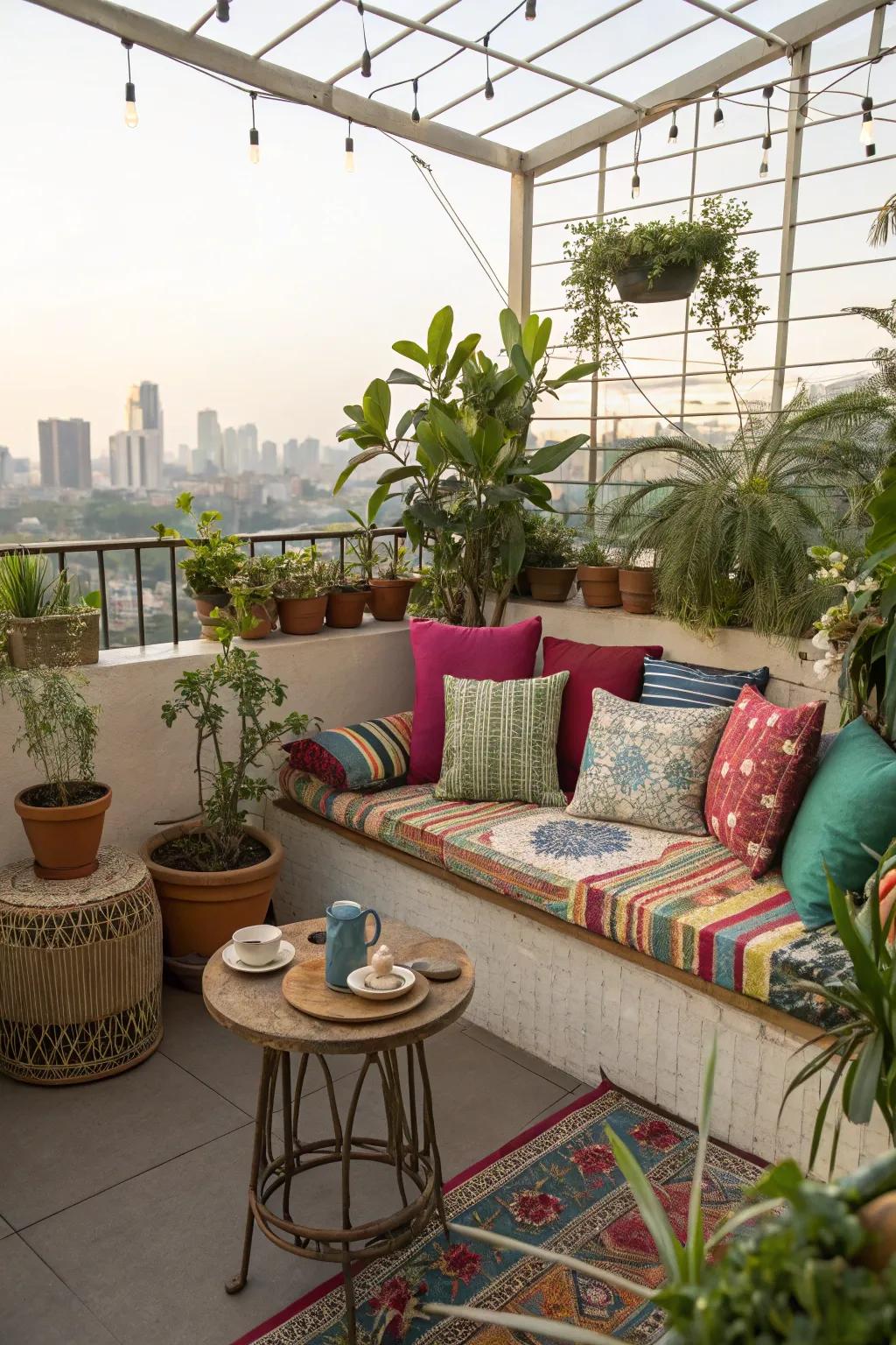 A cozy nook on the rooftop featuring bright cushions and plants.