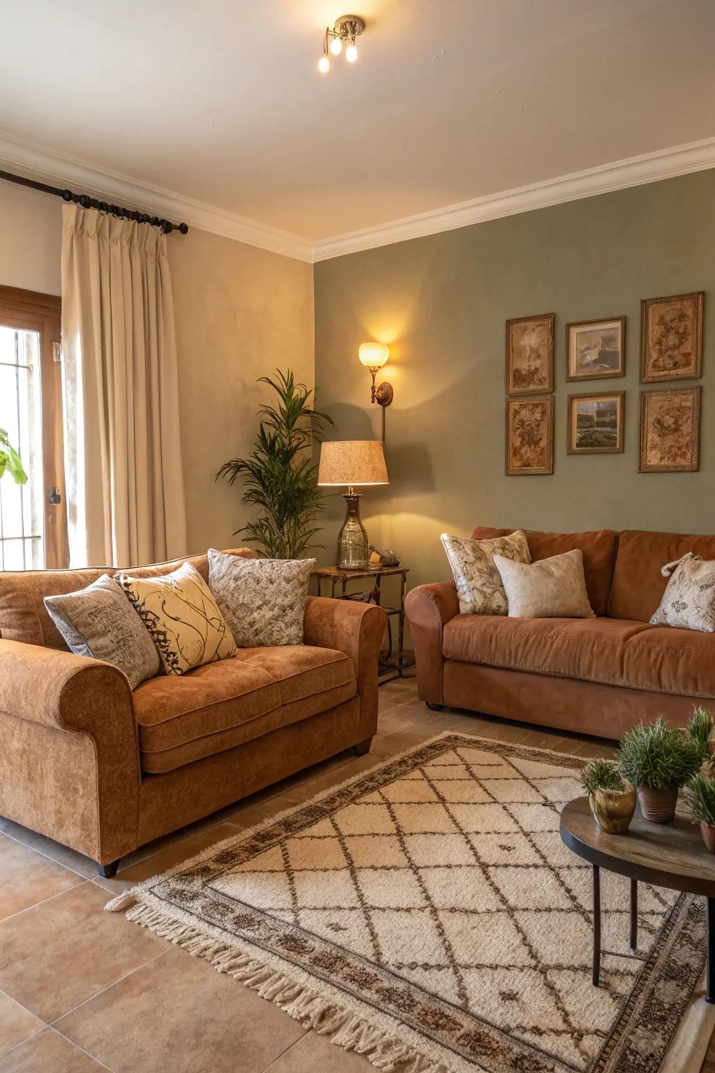 A welcoming living space featuring warm earth tones and luxurious decor.