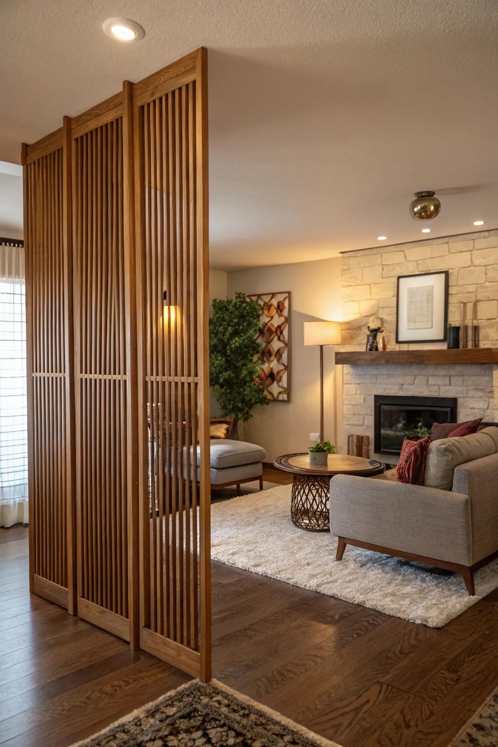 Slatted wooden dividers deliver a fusion of warmth and contemporary design, ideal for creating a welcoming ambiance.