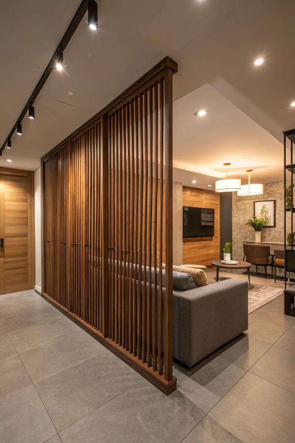 Wooden slats introduce a contemporary yet inviting ambiance to any basement setting.