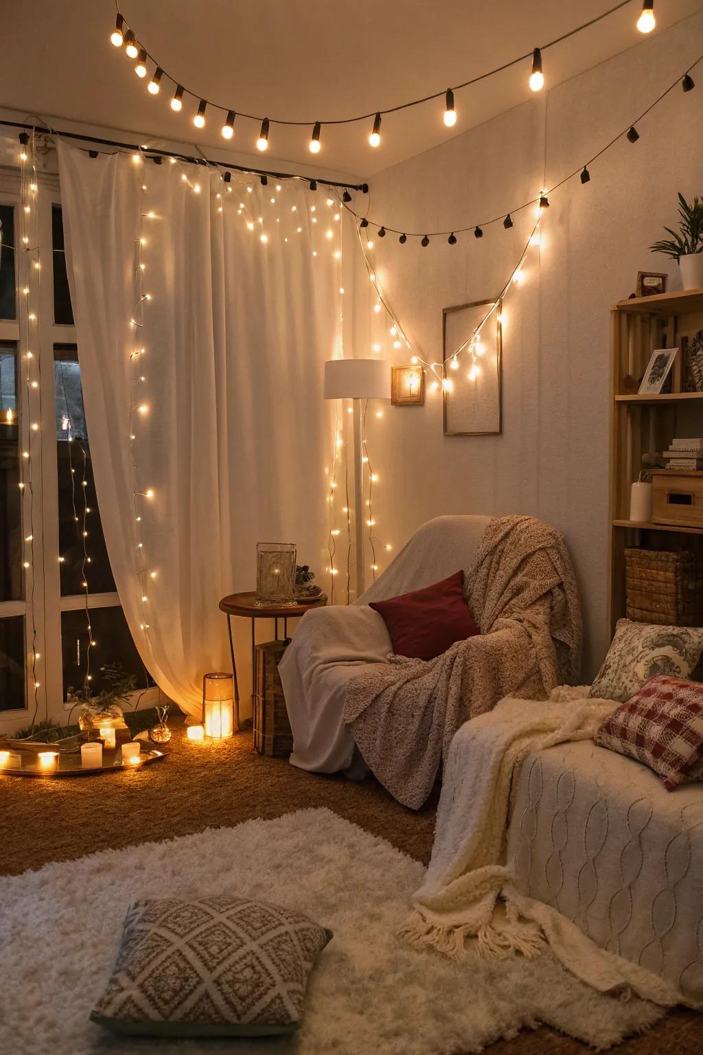 Fairy lights impart an enchanting allure to this snug space.