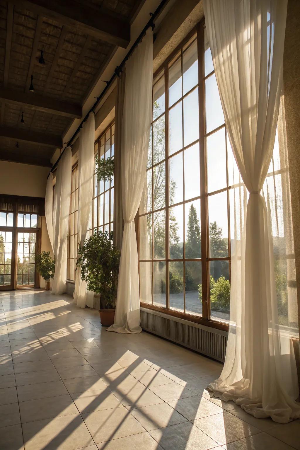 A radiant room basking in sunlight through expansive windows and light curtains.
