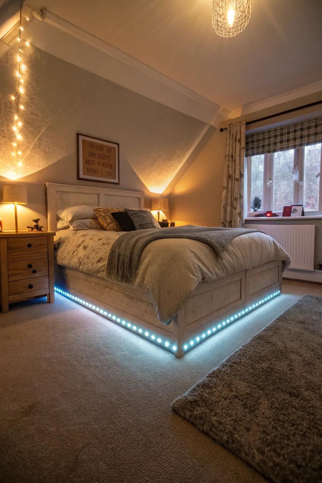 Raise the cozy factor in your sleeping space with subtle under-bed illumination.