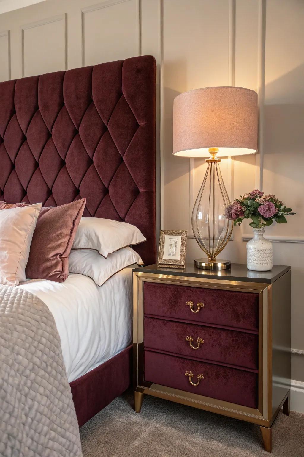 A deep burgundy velvet headboard introduces a luxurious element to this bedroom.