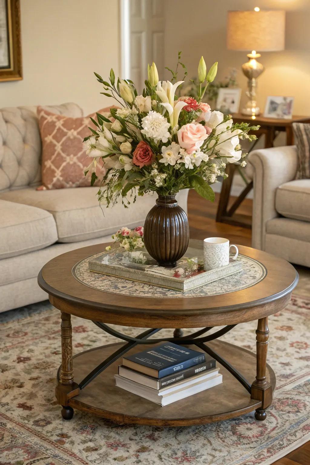 A floral centerpiece breathes life into your coffee table decor.