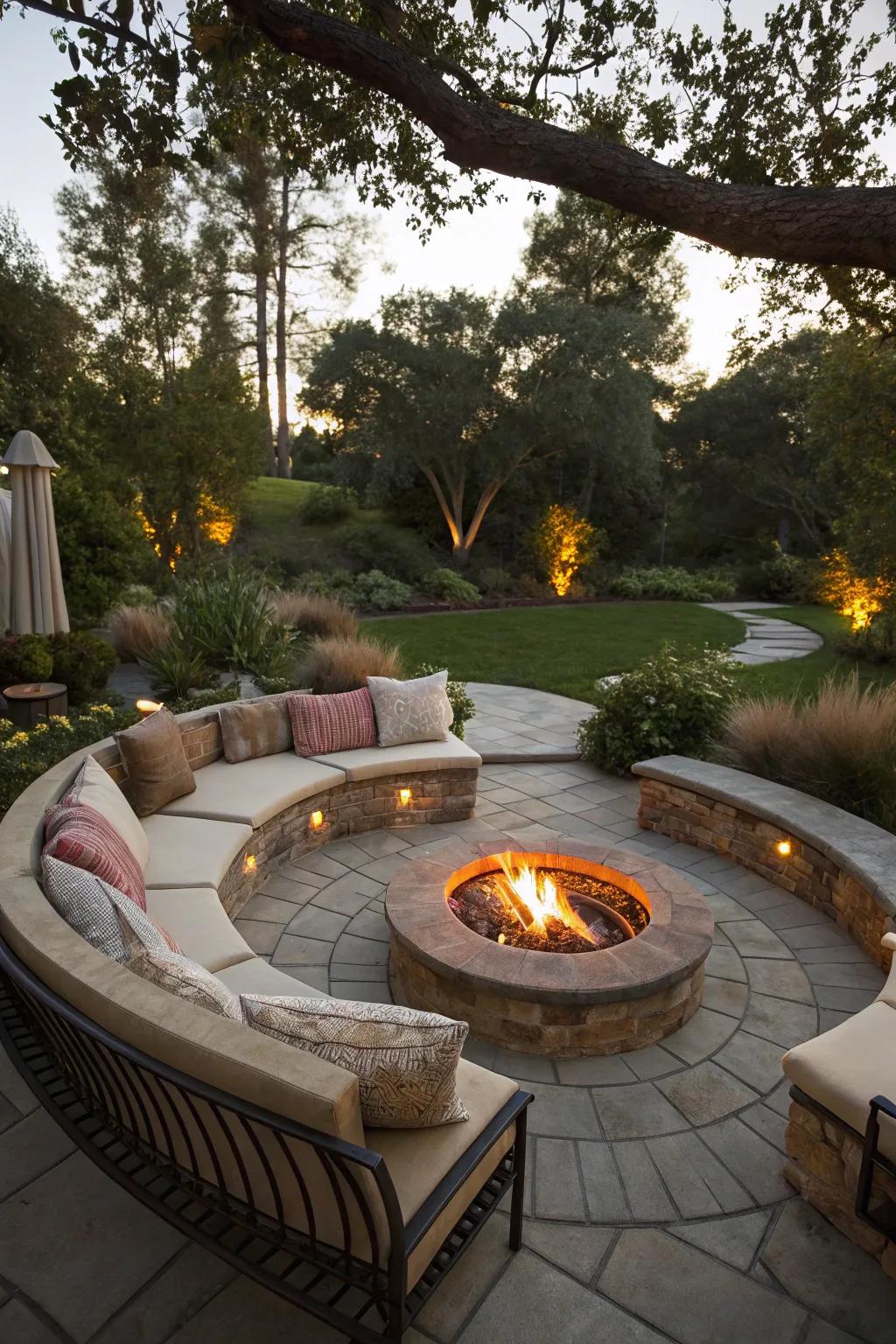 A cozy fire pit acts as the vibrant heart of this round patio.