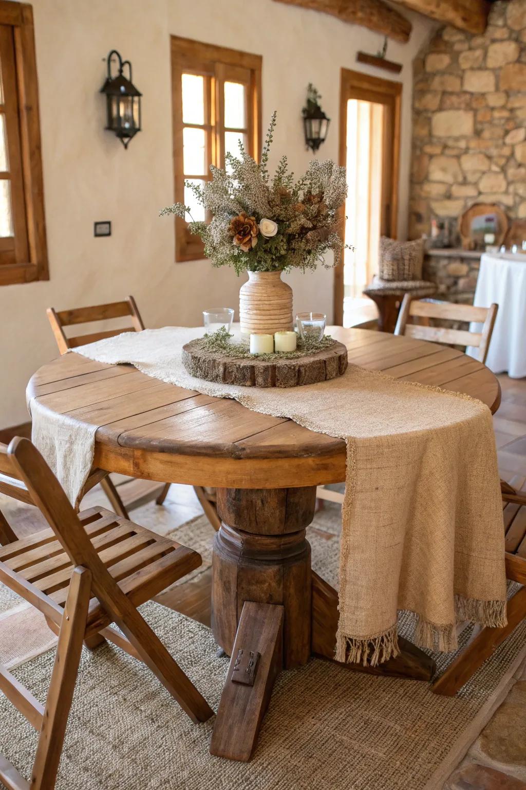 Hessian paths imbue a rustic allure onto circular tables.