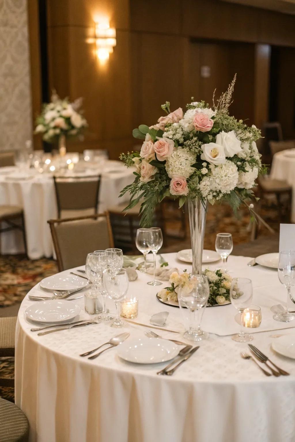 Classic white table covering complemented by magnificent floral showpieces.