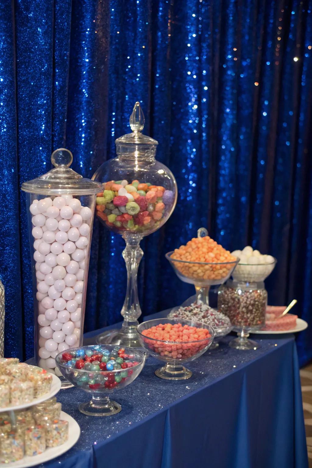 A candy arrangement enhanced by a glistening royal blue backdrop, significantly boosting its visual charm.