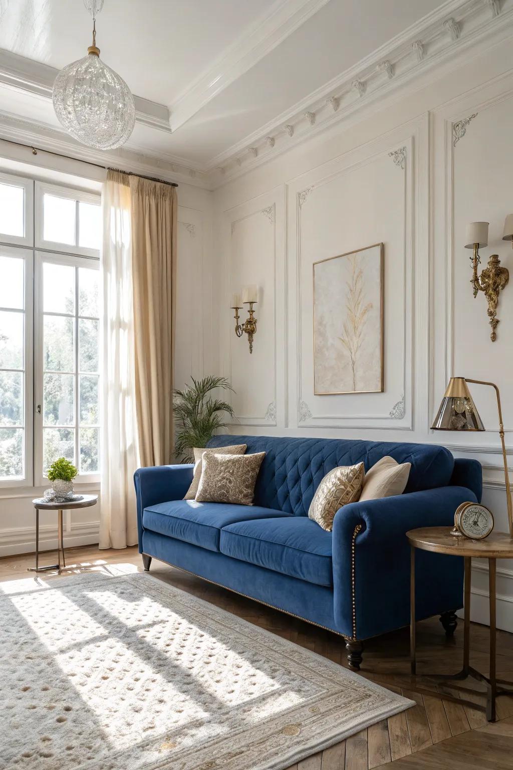 Subdued tones harmonize with the cobalt settee, fashioning a tranquil and balanced setting.