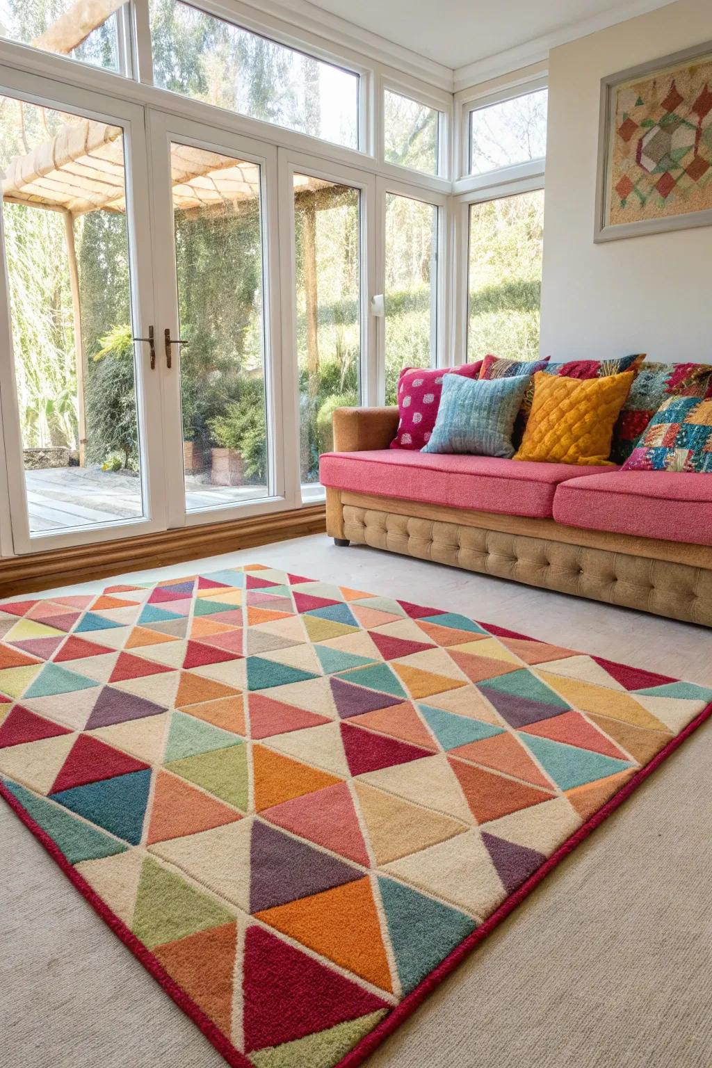 A geometric rug introduces a lively twist to a neutral carpeted setting.