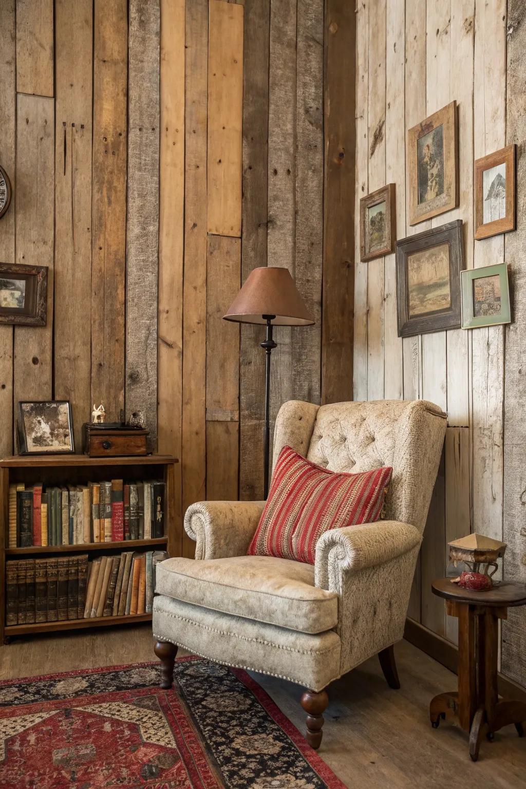 Aged timber panels introduce countryside texture to your walls.