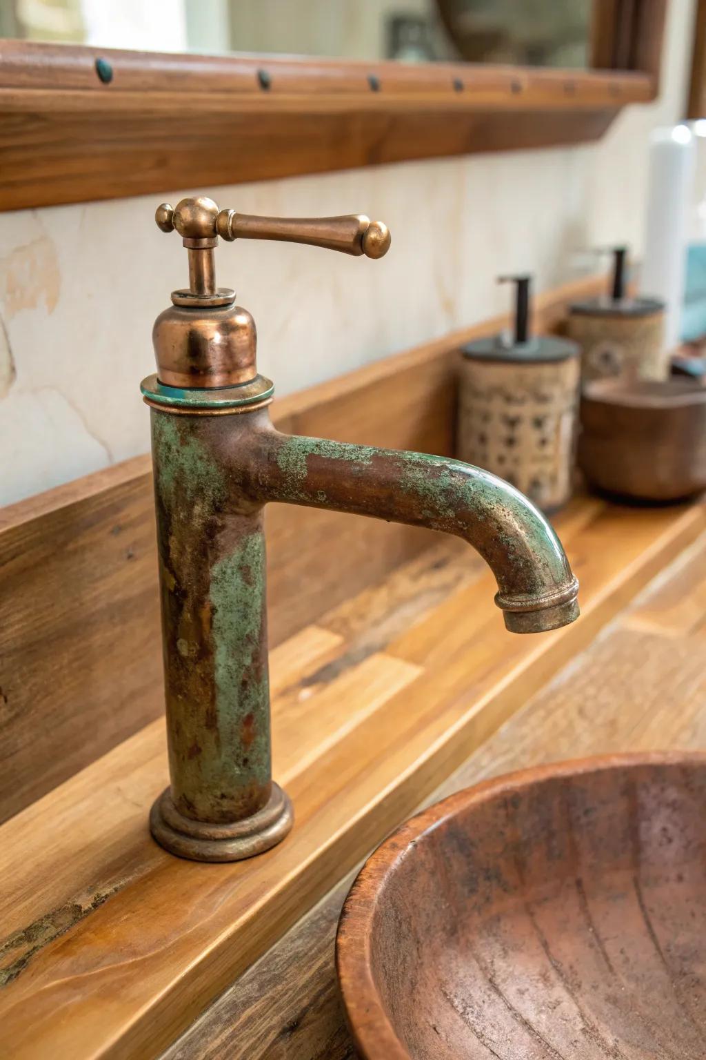 A golden tap with a weathered patina infuses the area with warmth and persona.