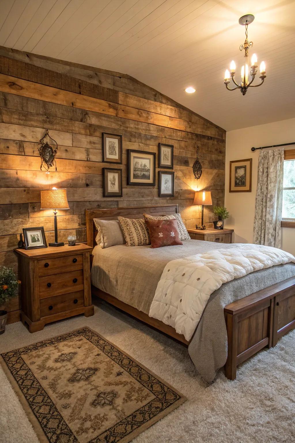 A bedroom featuring an impressive accent wall made of recovered lumber.