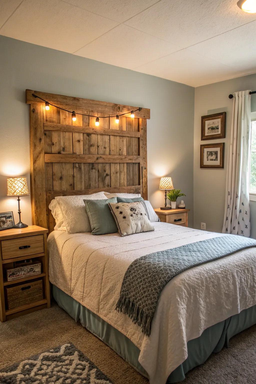 A repurposed timber bedframe introduces character and countryside allure.