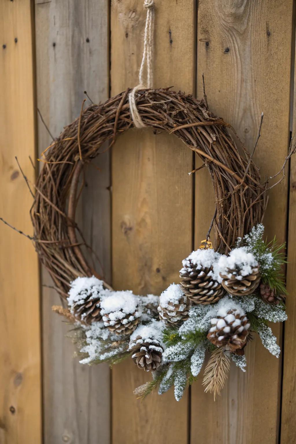 A twig ring beautifully adorned with snowy evergreen cones.