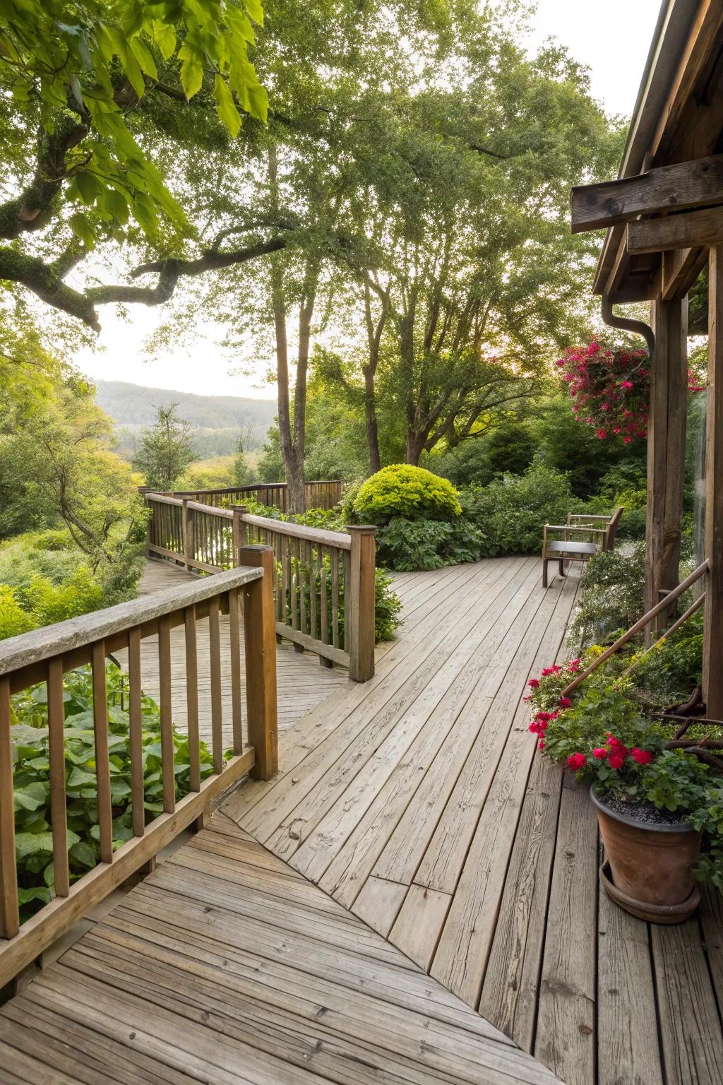Salvaged timber imparts genuine appeal to this countryside deck.