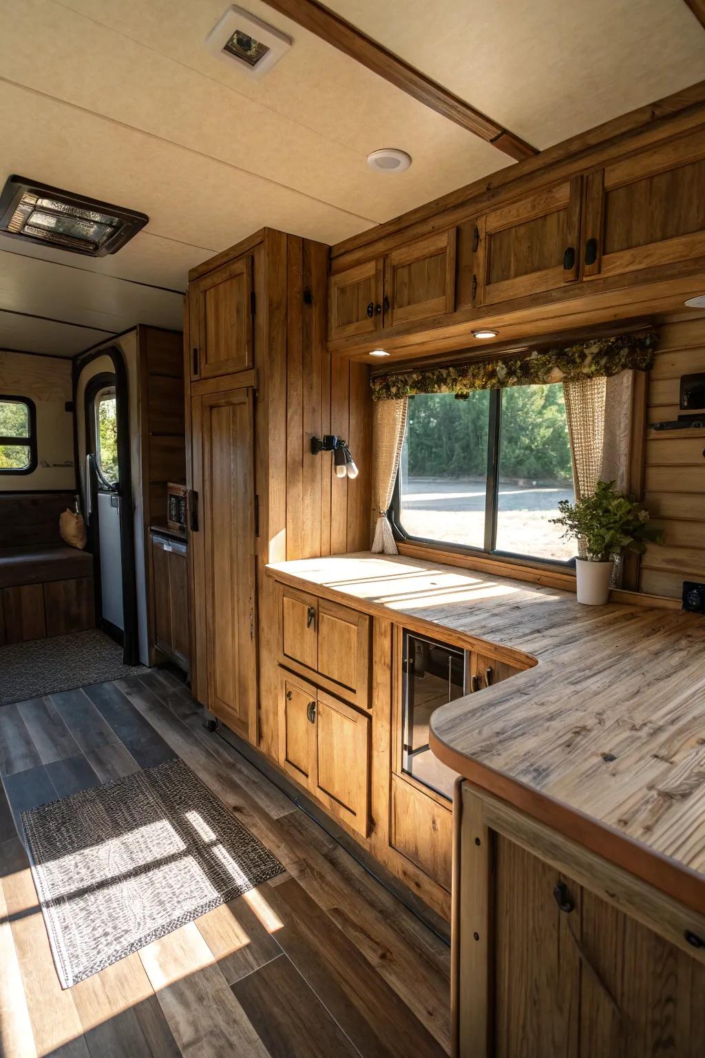 Organic wood elements contribute both warmth and texture to your mobile home.