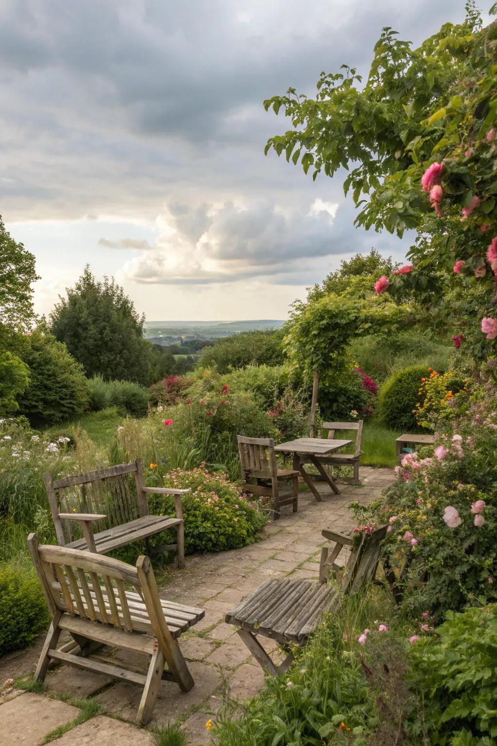 A serene seating arrangement nestled within a rustic garden setting.