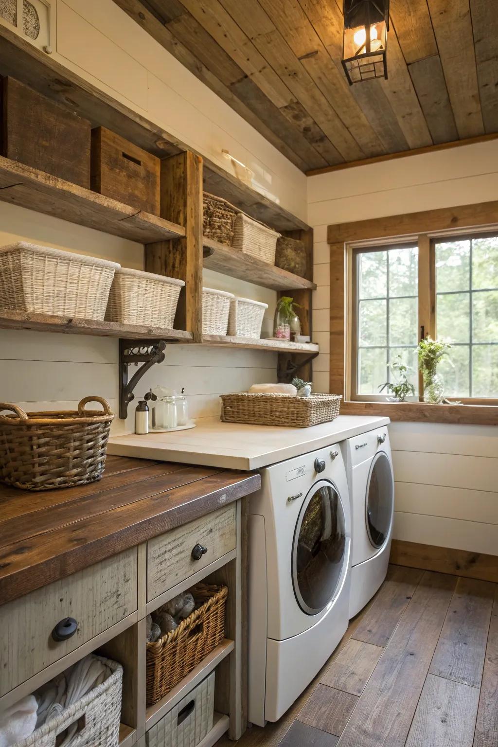 Countertops and shelves made from reclaimed wood give the laundry room a sense of warmth and history.