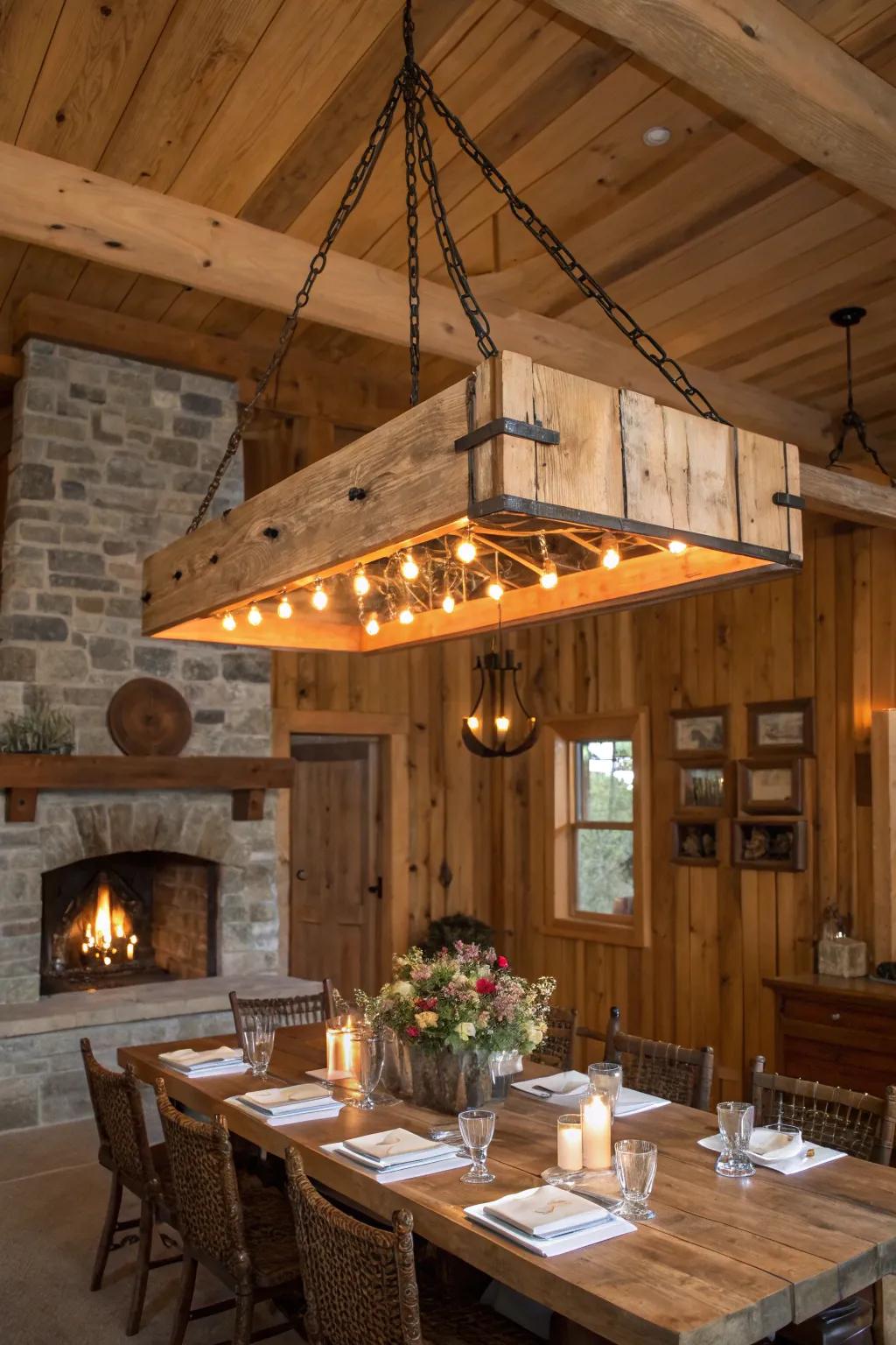 An impressive wooden beam chandelier enriches this dining space with countryside refinement.