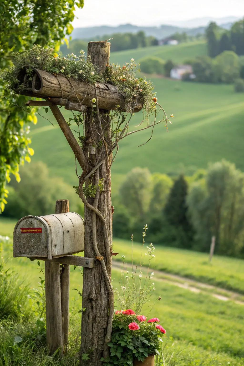 A mailbox fashioned from timber and branches exudes a serene, organic allure.