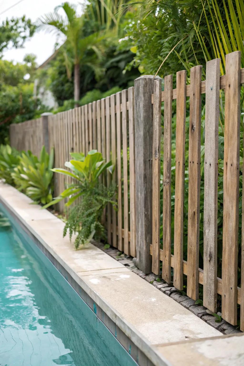 A classic wooden slat fence embracing a pool with natural elegance.