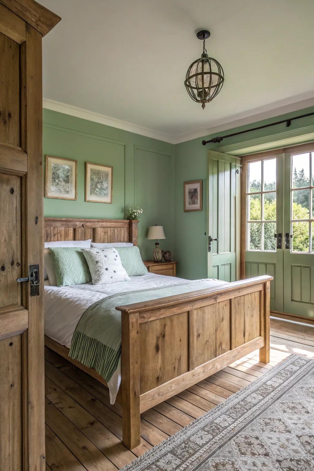 Verdant serenity walls offer a calming foundation to weathered timber designs.