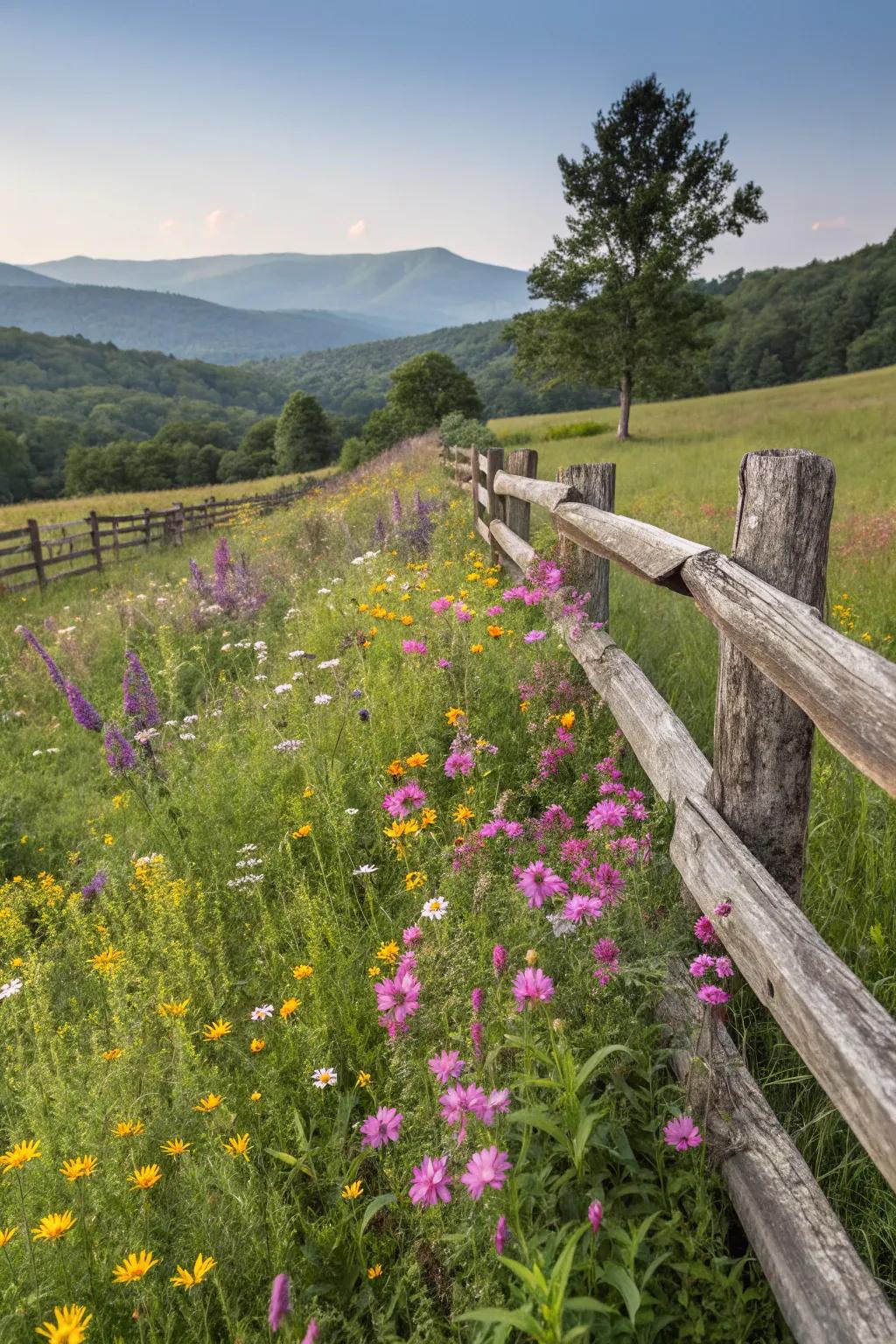A split rail fence embraced by a vibrant wildflower meadow.