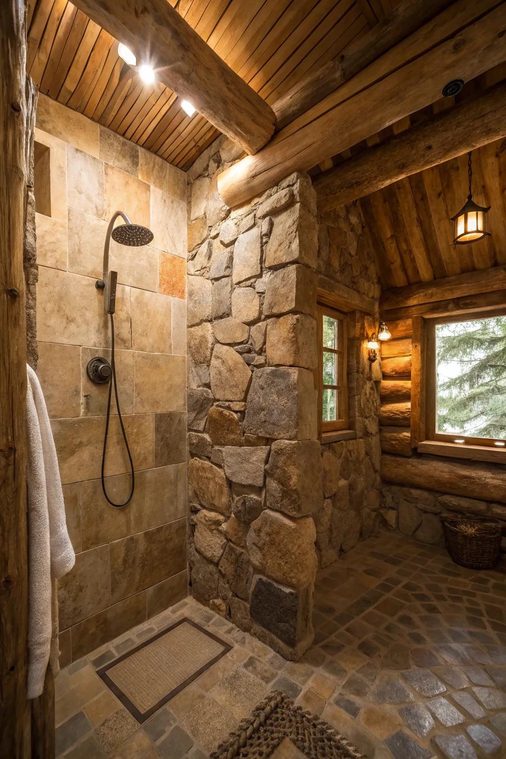 A shower featuring natural stone walls that create a serene and rustic atmosphere.