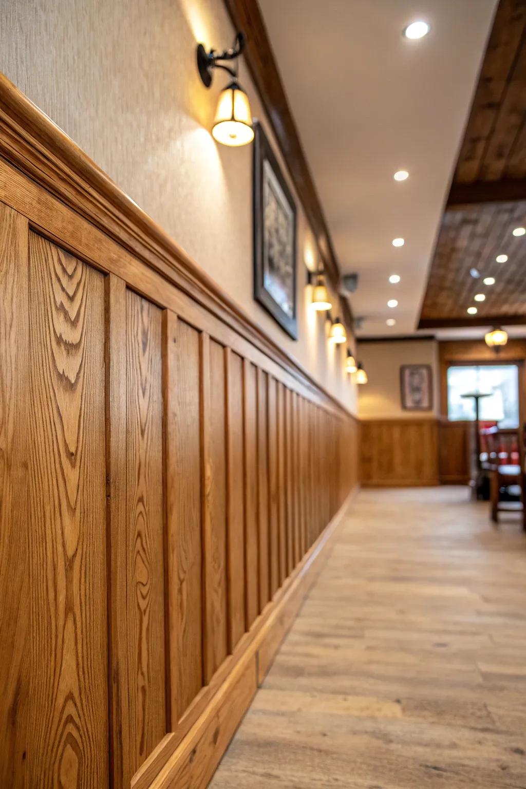 Natural wood wainscoting showcasing rich wood grain and a cozy, rustic vibe.
