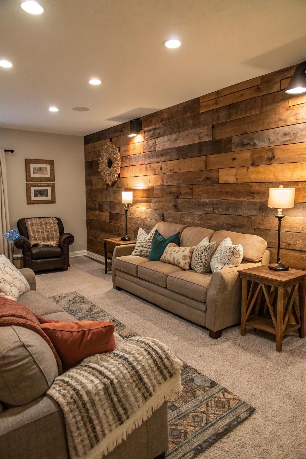 A living area showcasing a reclaimed wood feature wall, becoming a captivating central attraction.