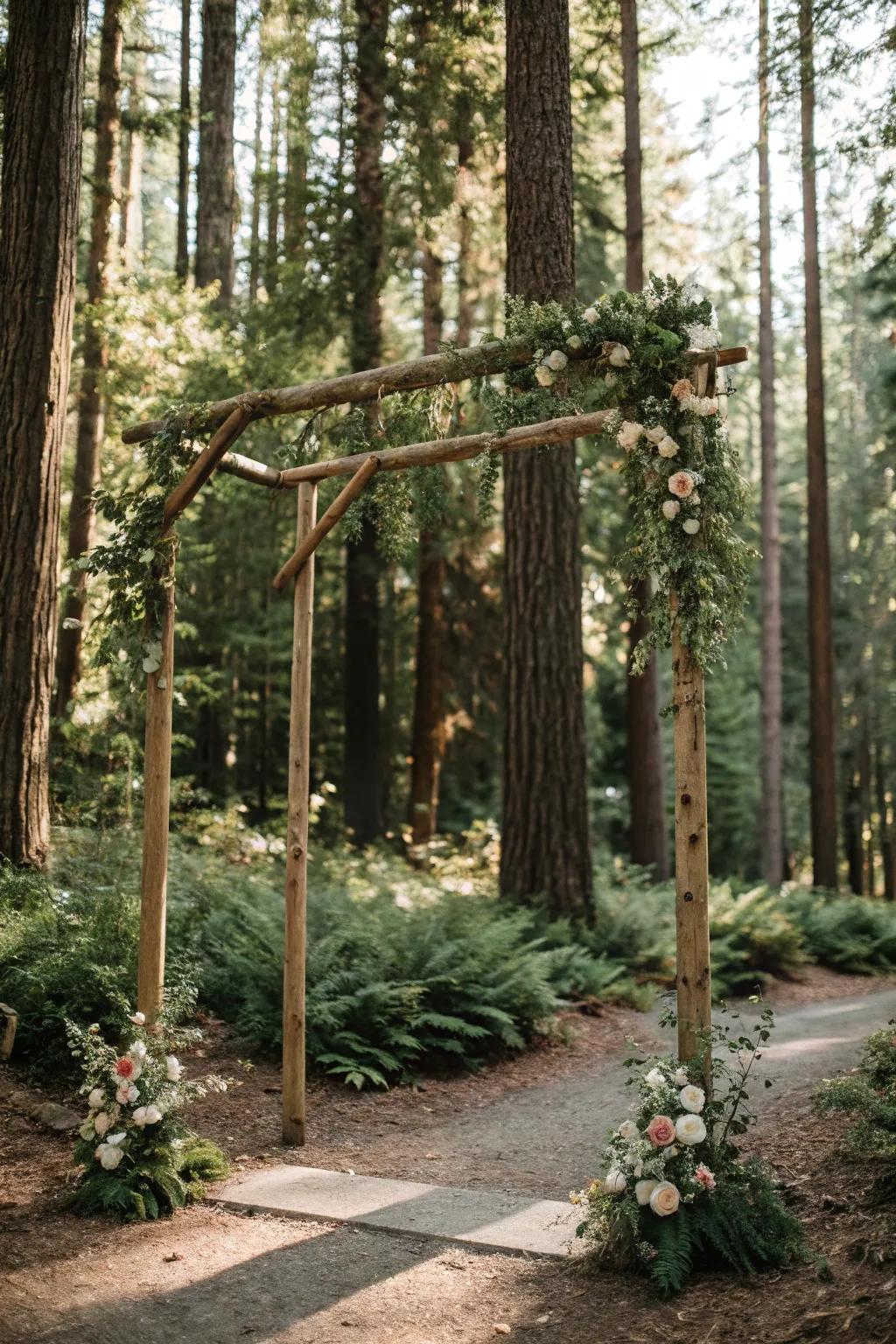A minimalist wooden arch nestles in a forest setting, brought to life with lush greenery.