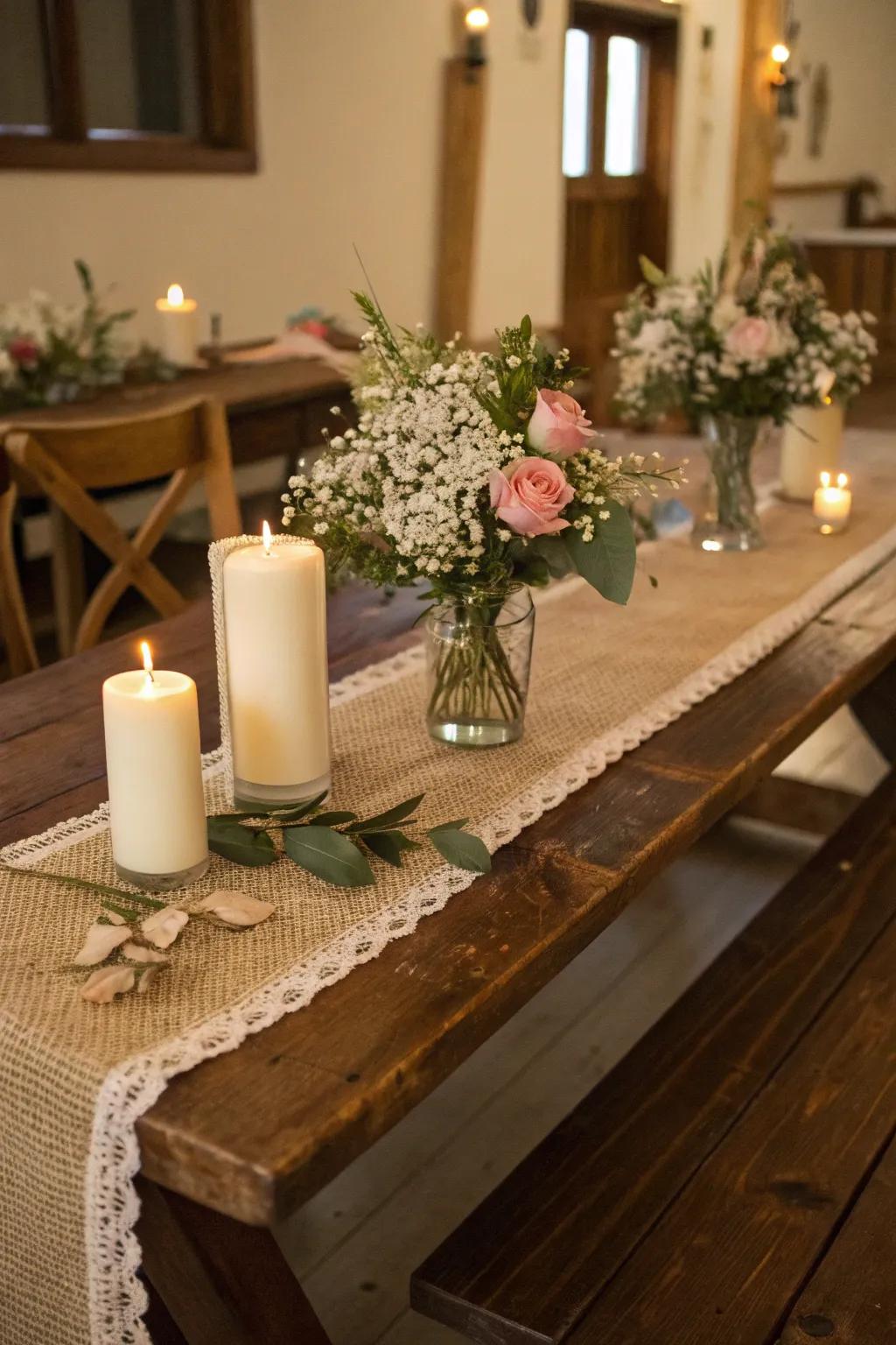 A countryside main table showcasing a jute path and stylish flower features.