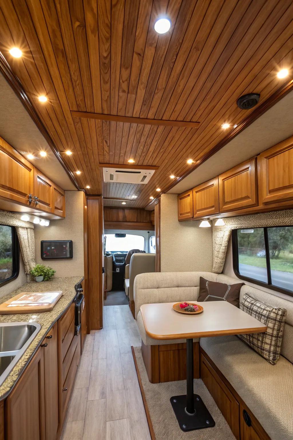 Wood paneling adds a rustic charm to your RV, reminiscent of a cozy cabin.