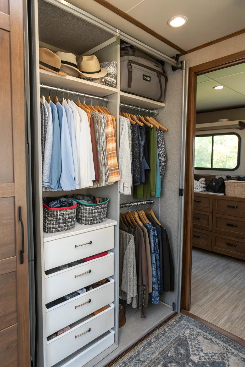 Hanging organizers provide extensive storage for clothes and accessories in an RV closet.