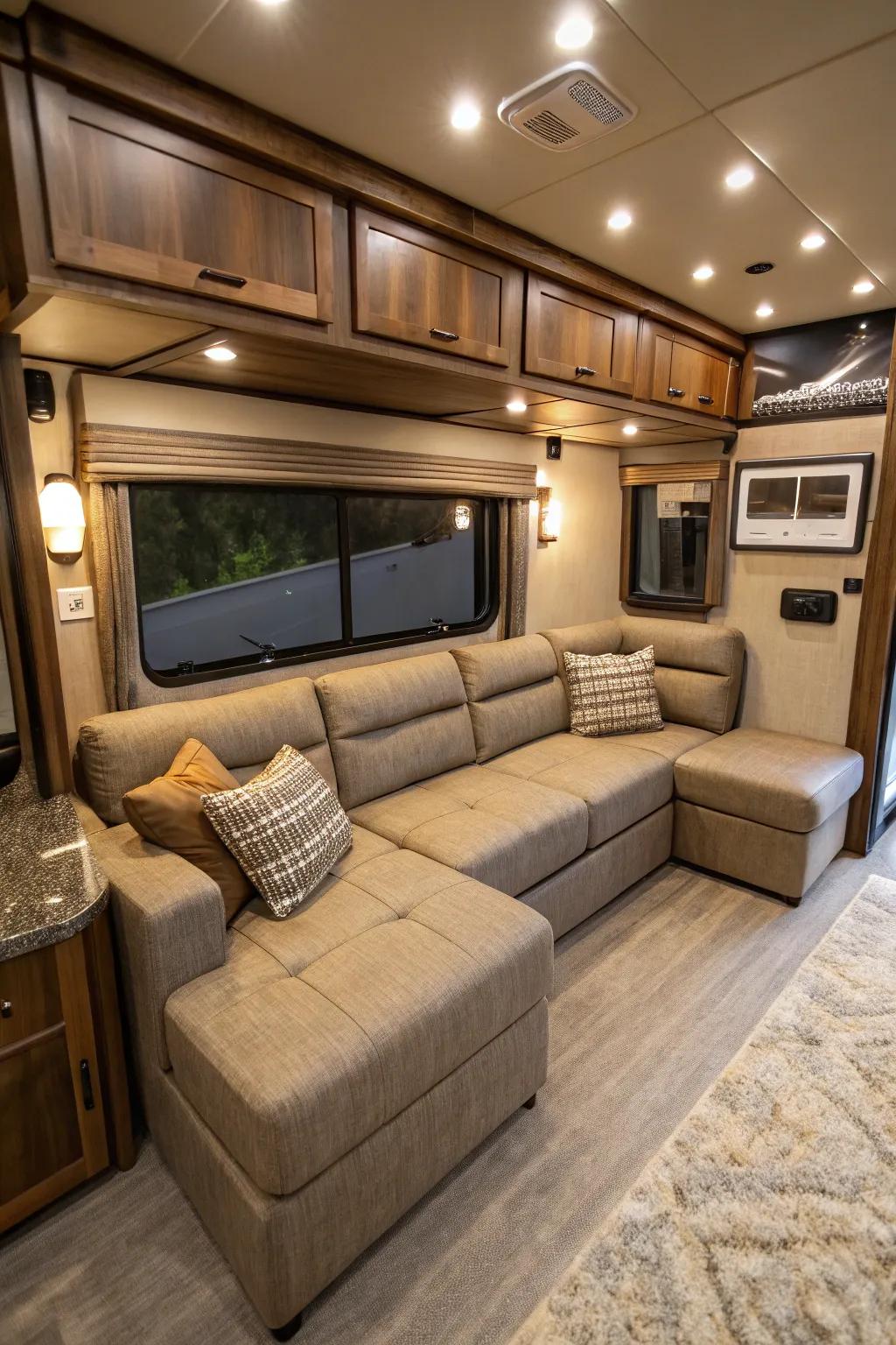 A modular sectional seating brings versatility to your RV space.