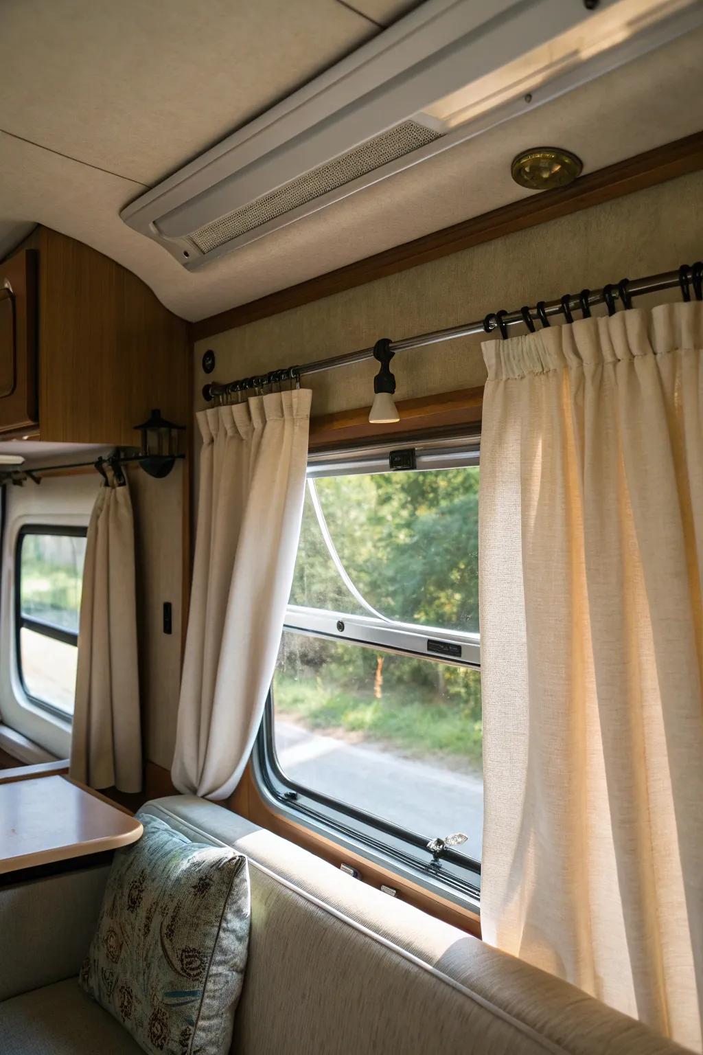 Effortlessly stylish: tension support curtains in an RV.