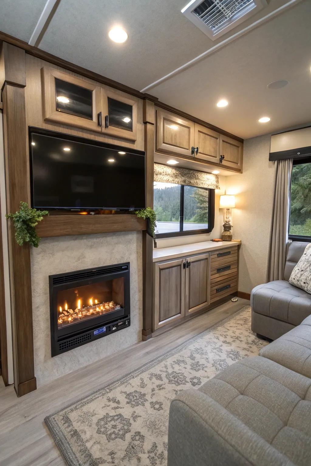Built-in fireplace nestled in a mobile home media hub.