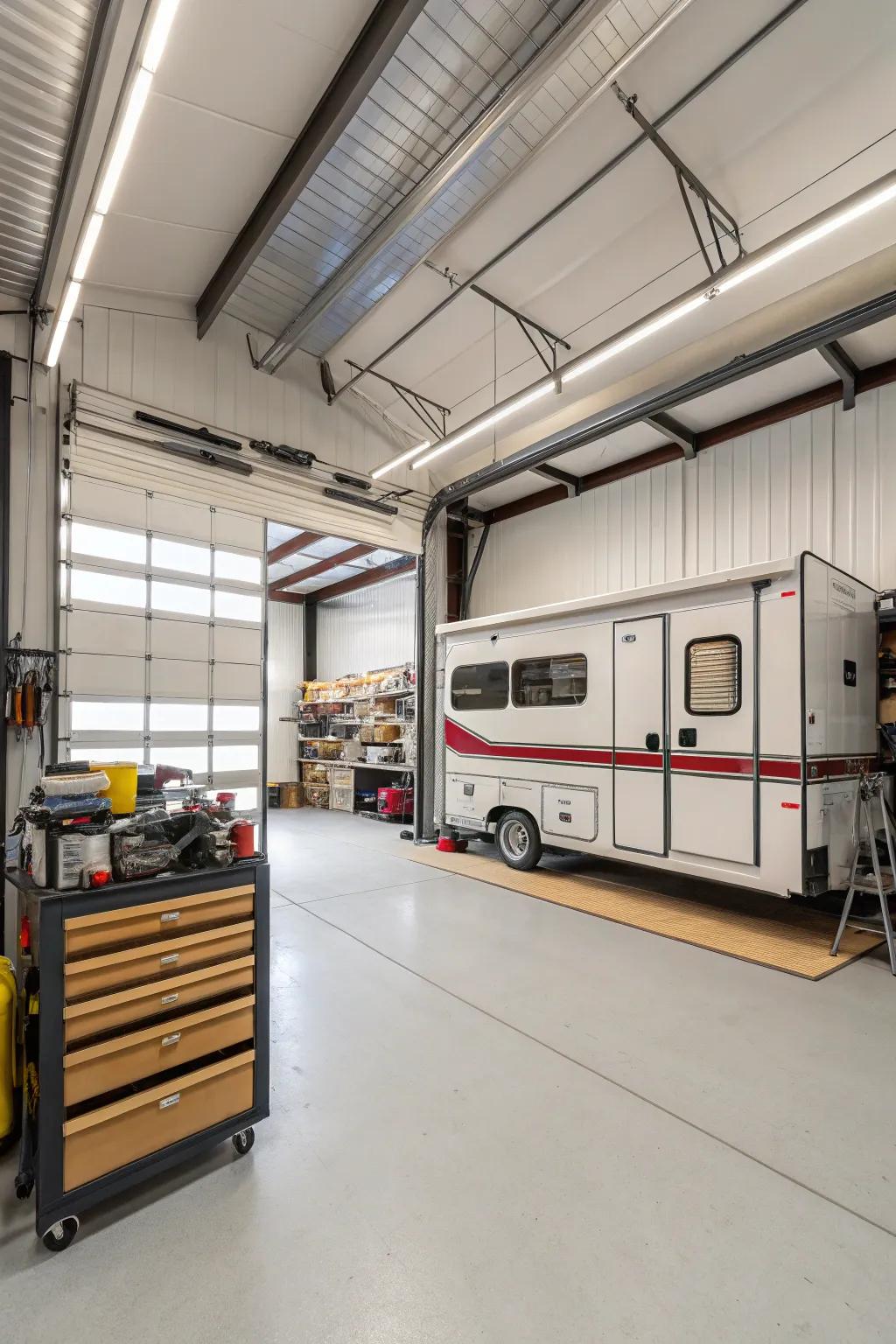 High ceilings provide a blank slate for creative storage ideas in an RV garage.