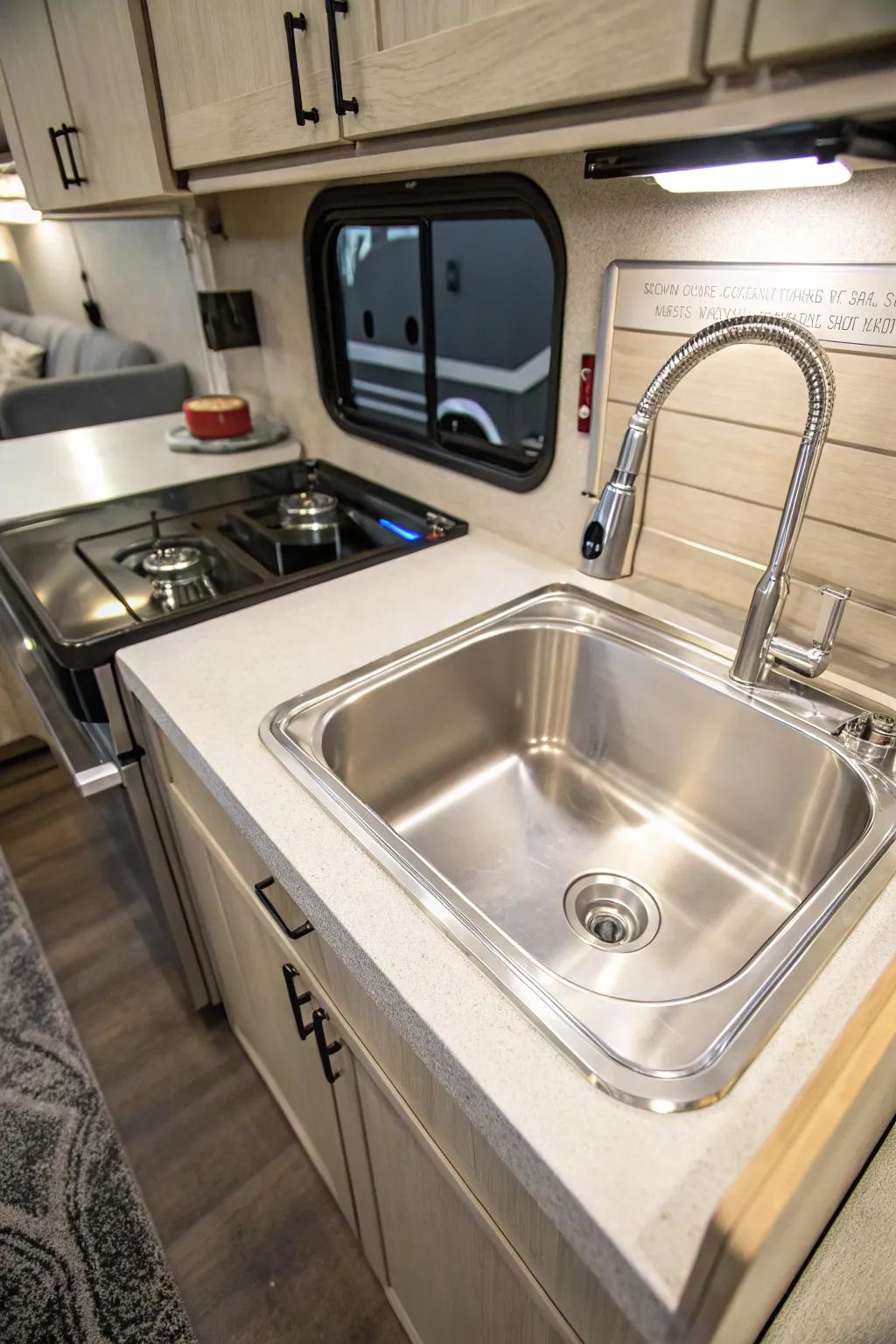 A streamlined steel sink enhances an RV kitchen.