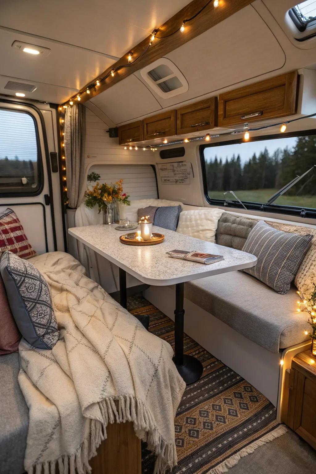 A convertible table in an RV maximizes utility.