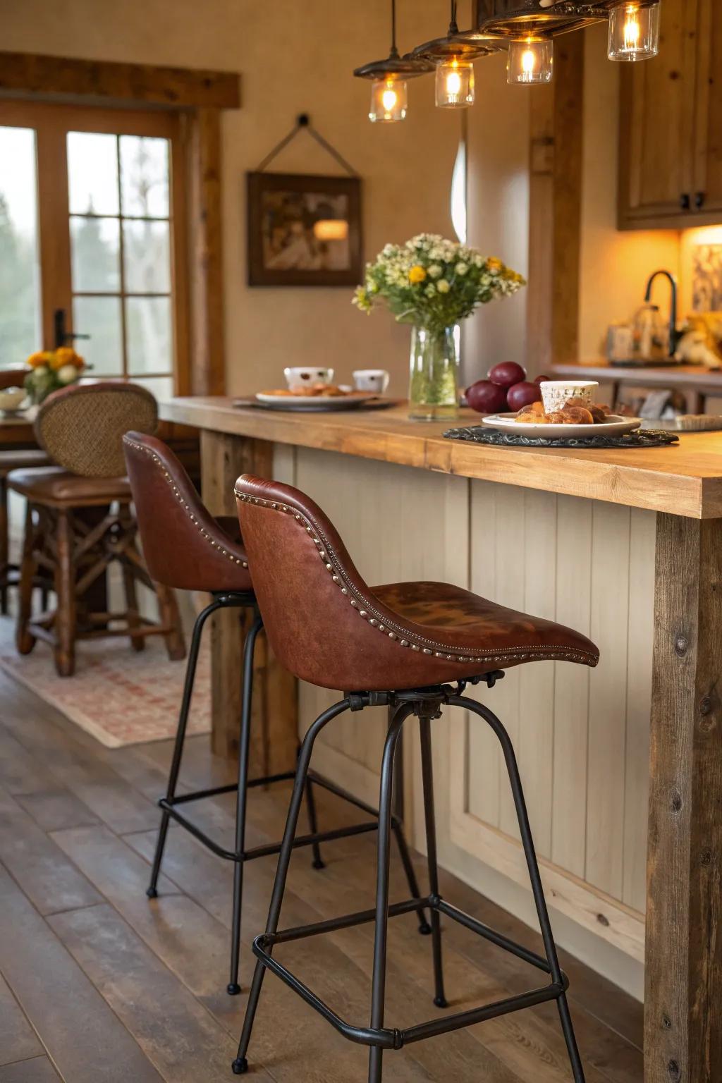 Bar stools in the riding seat style give this warm kitchen a hint of rustic appeal.