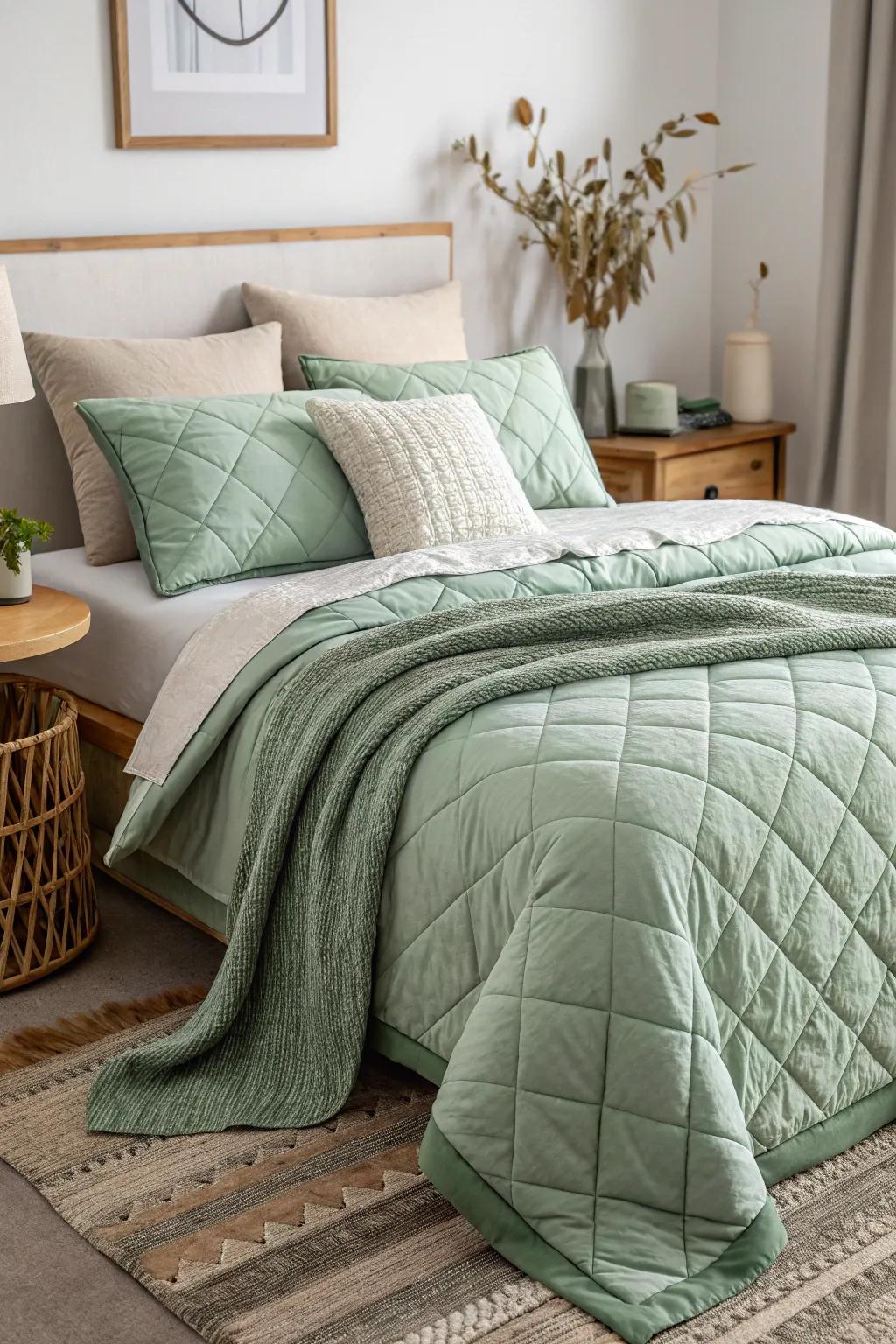Infuse your bedroom with dimension by layering sage green bedding.